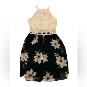 Eclipse Floral Lace Halter Dress Black Beige Crochet Waist M/M